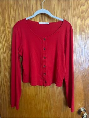 LA Relaxed Red Button-Front Long Sleeve Cardi